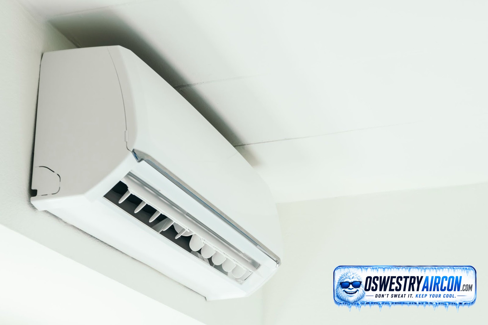 Active wall-mounted AC unit providing cooling in a domestic living space – Oswestry