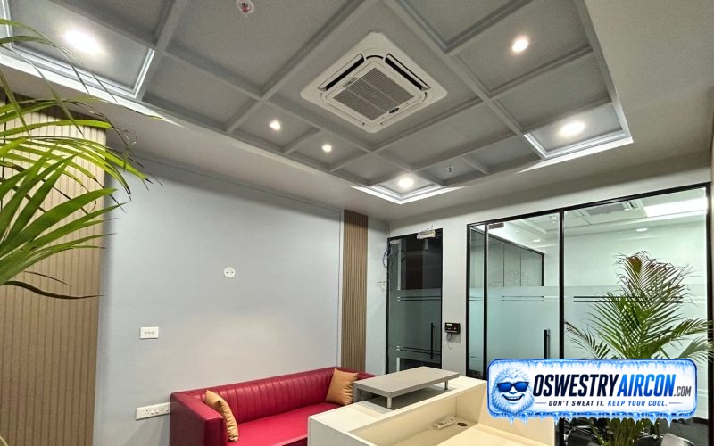 Ceiling cassette air conditioner installed in an office lobby, providing even cooling and maintaining a comfortable temperature for visitors. &ndash; Oswestry