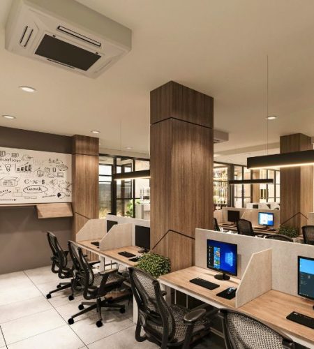 Ceiling-mounted air conditioning unit installed in an office, providing efficient cooling and maintaining a comfortable indoor working environment. &ndash; Oswestry